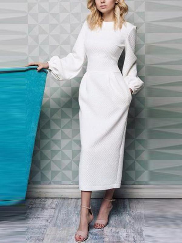 Plain Lantern Sleeve Round-Neck Dress