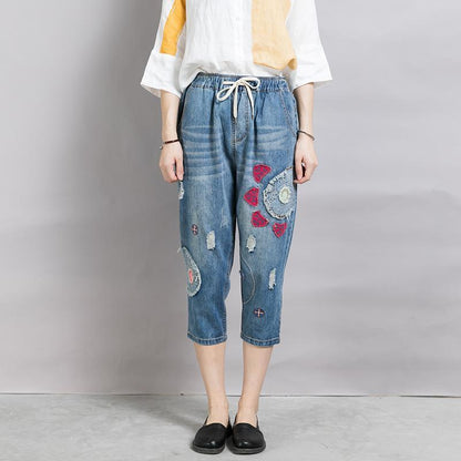 Casual Appliques Frayed Light Blue Jeans