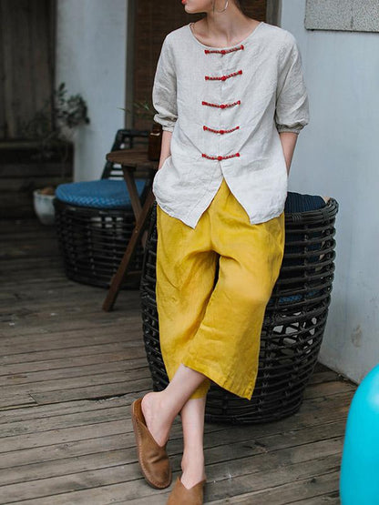 Casual Retro Linen Frog Blouses