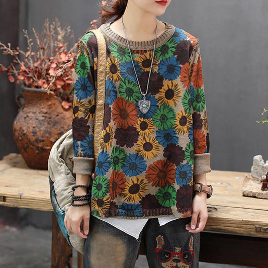 Buykud Casual Retro Floral Printed O-neck Knitted Shirt