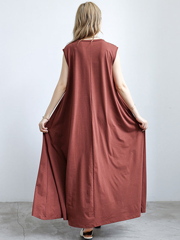 Simple Solid Color Oversized A-Line Round-Neck Cap Sleeves Maxi Dress