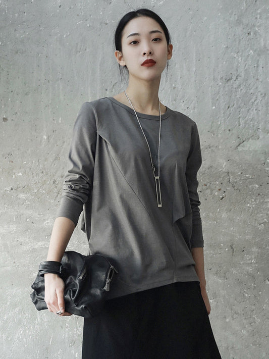 Casual Solid Color Pleated Long Sleeves Round-Neck T-Shirt Tops