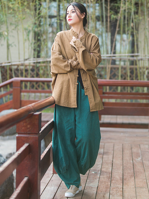 Original Artistic Retro Loose Solid Color Ramie Cotton Blouse Outwear