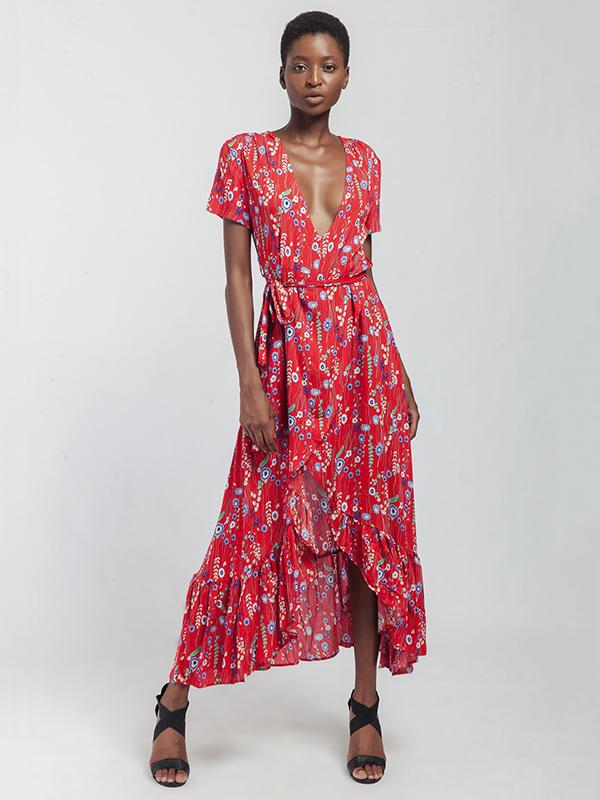V-neck Floral Cut Irregular Hem Maxi Dress