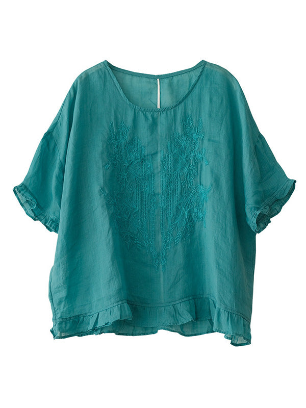 Ramie Cotton Embroidered Round-Neck T-Shirts Tops