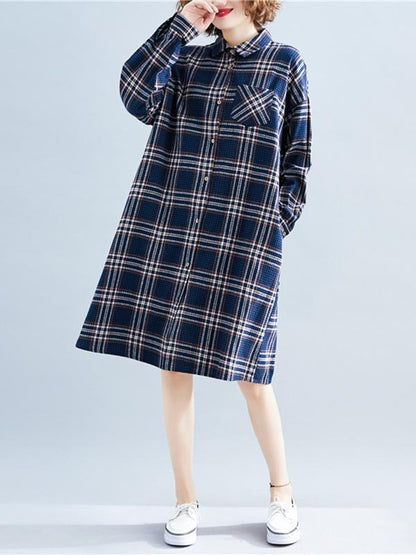 Loose Plaid Lapel Blouse Dress