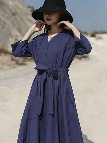 Artistic Retro Solid V-Neck Dress