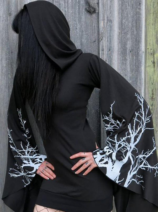 Black Hooded Flared Sleeves Mini Dress