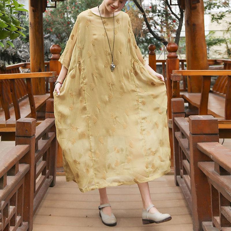Embroidery Round Neck Half Sleeve Casual Yellow Dress