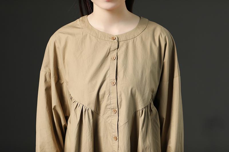 Cotton Khaki Casual Shoulder Sleeves Long Dresses