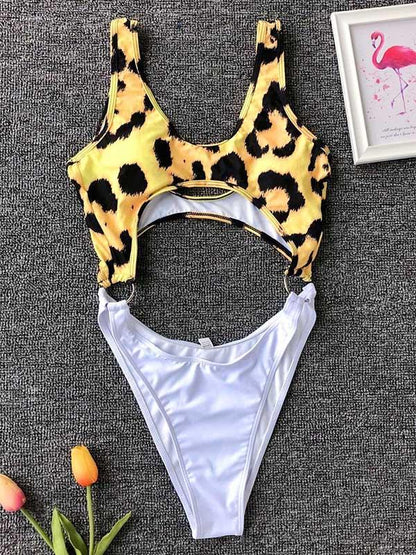 Contrast Snakeskin Leopard Hollow One-piece Swimsuit