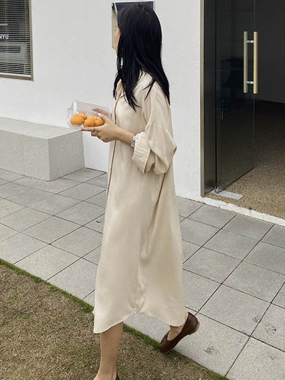 Simple Solid Color Buttoned Lapel Long Sleeves Shirt Dress