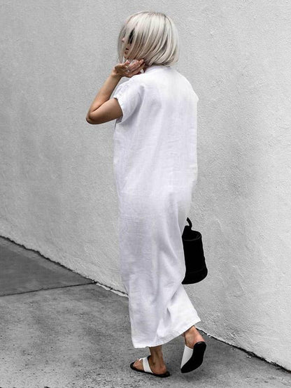 White Lace-up V-neck Simple Linen Dress
