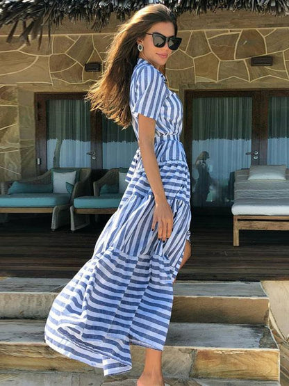 Short Sleeve Printed Striped Bohemia Maxi Dress
