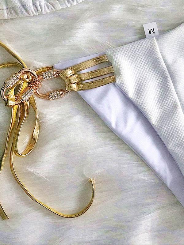 Solid Color Bandage Split Bikini Swimsuit