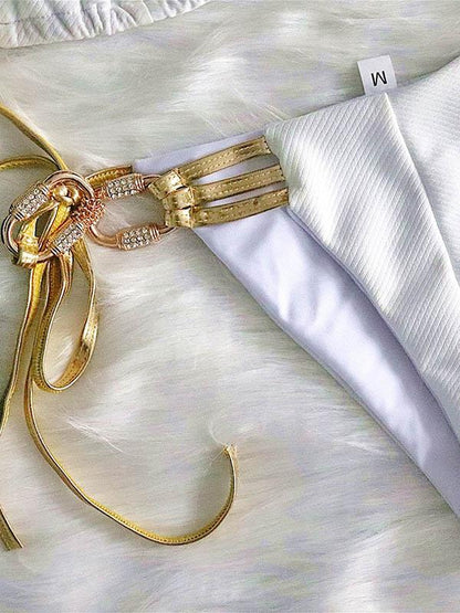 Solid Color Bandage Split Bikini Swimsuit