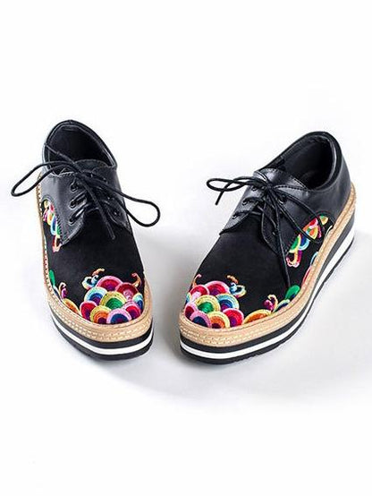 Floral Embroidered Leather Platform Shoes