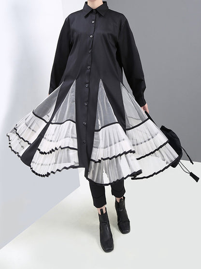 Loose Stitching Mesh Lapel Dress