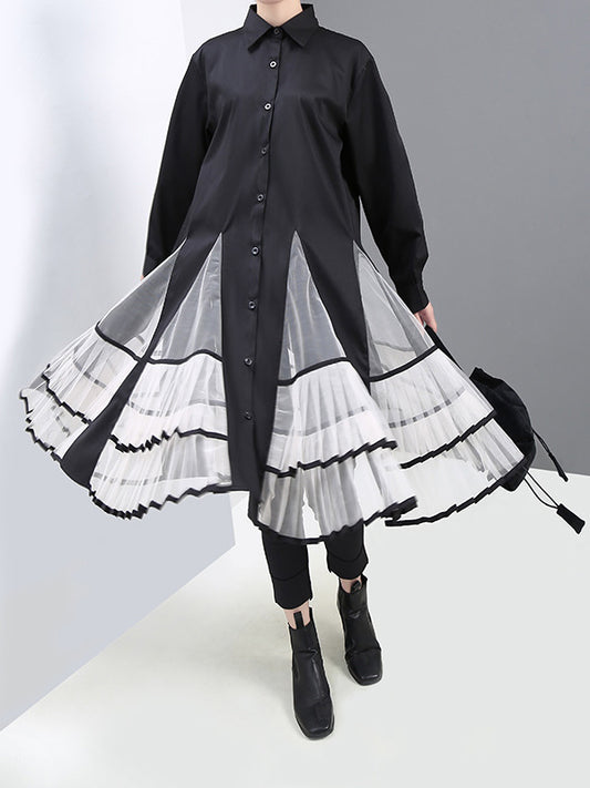 Loose Stitching Mesh Lapel Dress