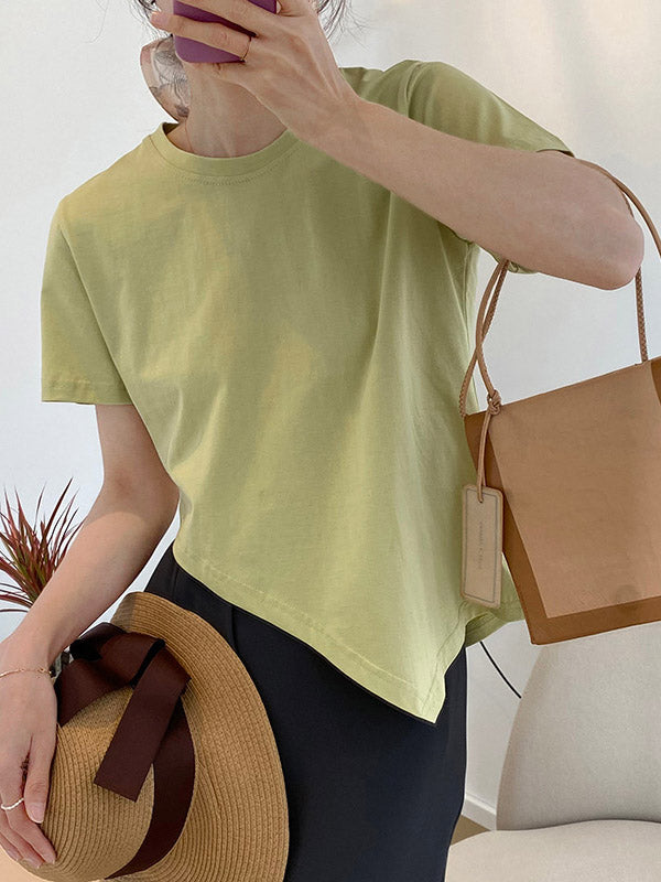 Casual Solid Color Asymmetric Round-Neck Short Sleeves T-Shirt