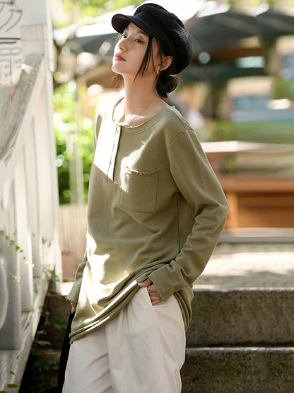 Artistic Retro Long Sleeves Loose Solid Color Round-Neck T-Shirts Tops
