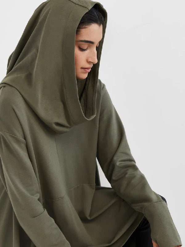 Simple Loose Solid Color High-Low Long Sleeves Hoodies