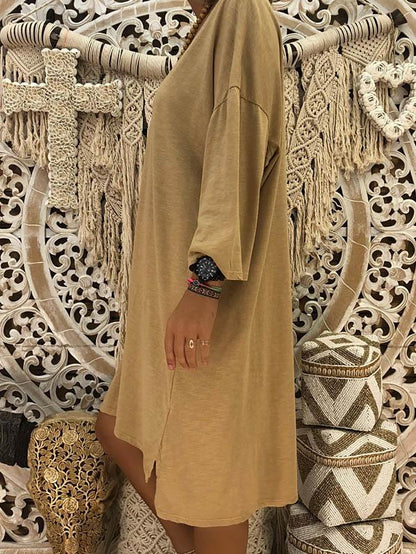 Solid V-neck Loose Midi Dress