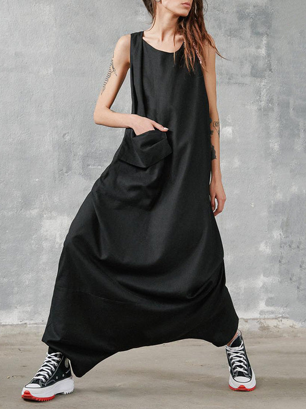 Hip-Hop Stylish Black Sleeveless With Pocket Low Crotch Jumpsuits
