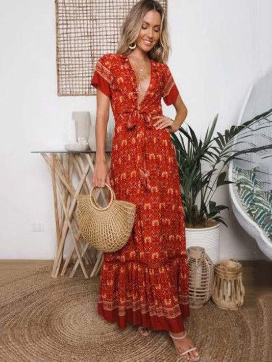 Bow-embellished Printed V-neck Maxi Dresses