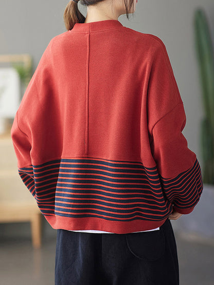 Casual Striped Buttoned V-Neck Batwing Sleeve Outerwear