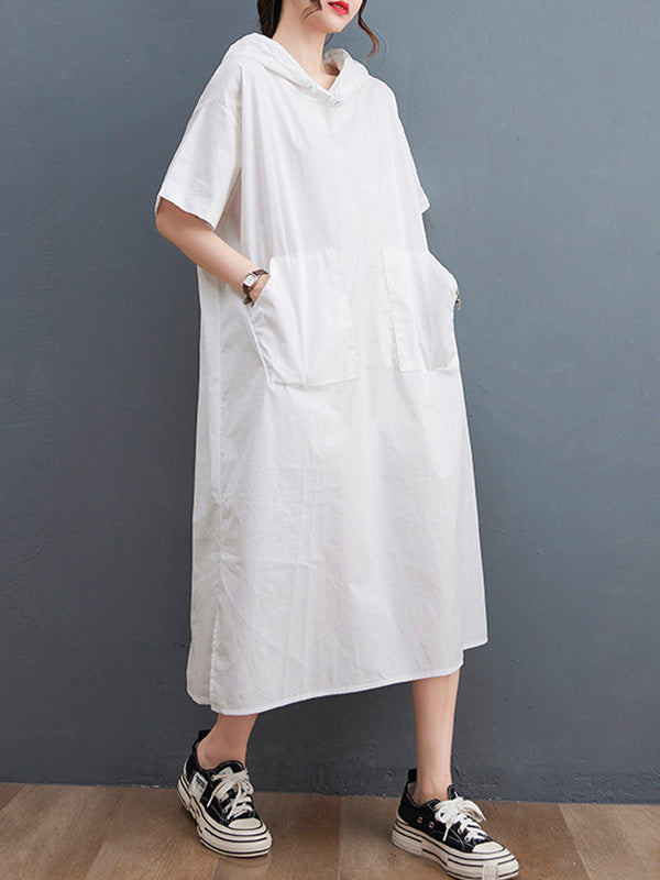 Urban Black&White Split-Side Short Sleeves Hooded Midi Dress