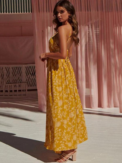 Printed Sexy Open-back Maxi Dress