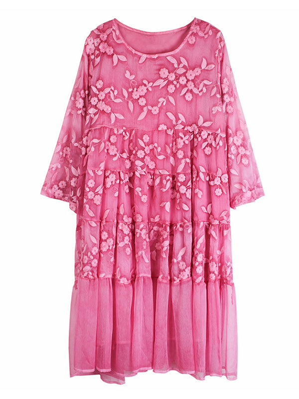 Original Loose Embroidered Solid Color Pleated Midi Dress