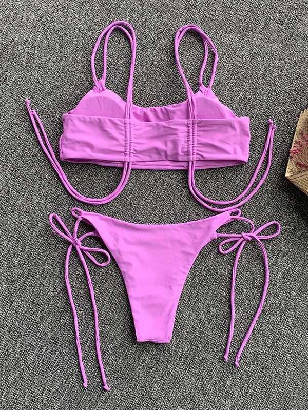 Solid Color Lace-Up Bikini Swimsuit