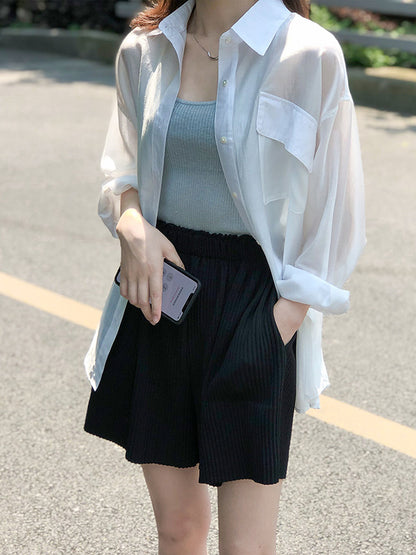 Casual Loose Solid Color Lapel Collar Long Sleeves Shirts