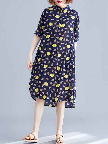 Artistic Retro Loose Contrast Color Printed Midi Shirt Dress