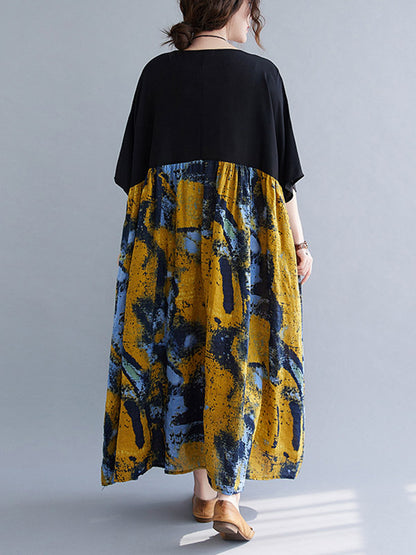 Artistic Retro Floral Printed Split-Joint Pleated Round-Neck Half Sleeves Midi Dress