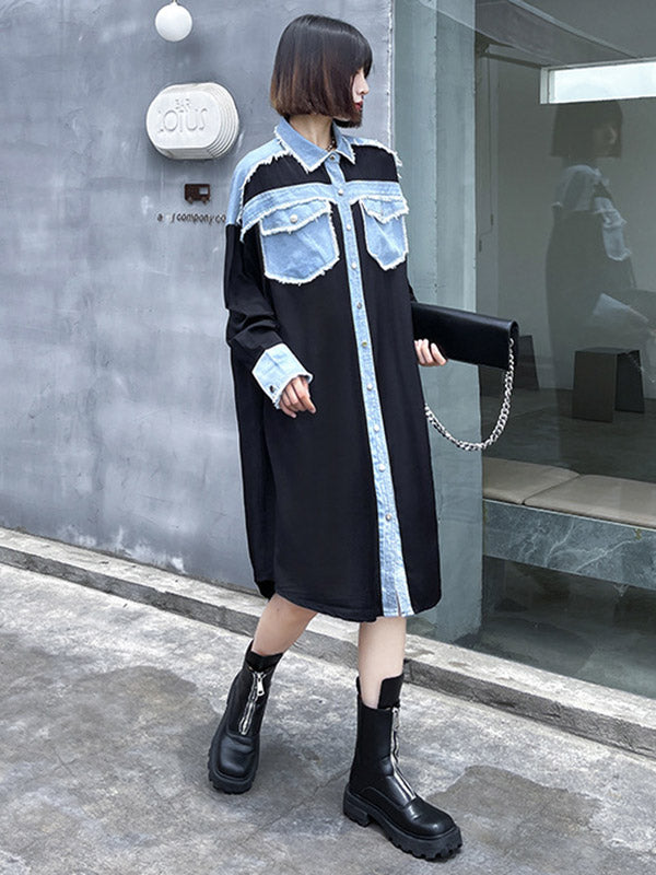 Original Stylish Loose Denim Split-Joint With Pocket Buttoned Lapel Collar Long Sleeves Midi Shirt Dress