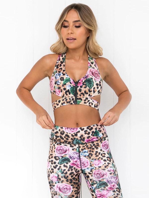 Zipper Leopard Floral Tank&Leggings Suits