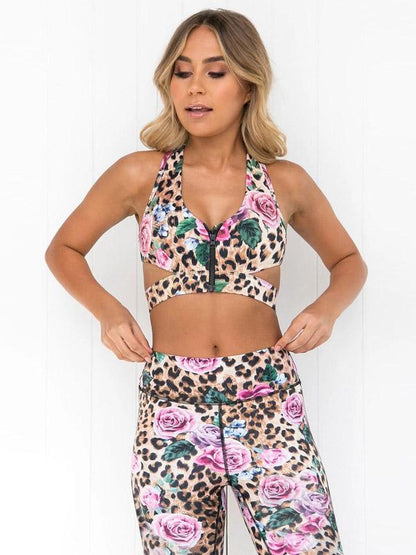 Zipper Leopard Floral Tank&Leggings Suits