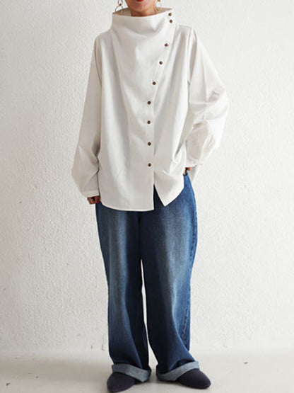 Loose Casual Solid Color Buttoned High-Neck Long Sleeves Blouse