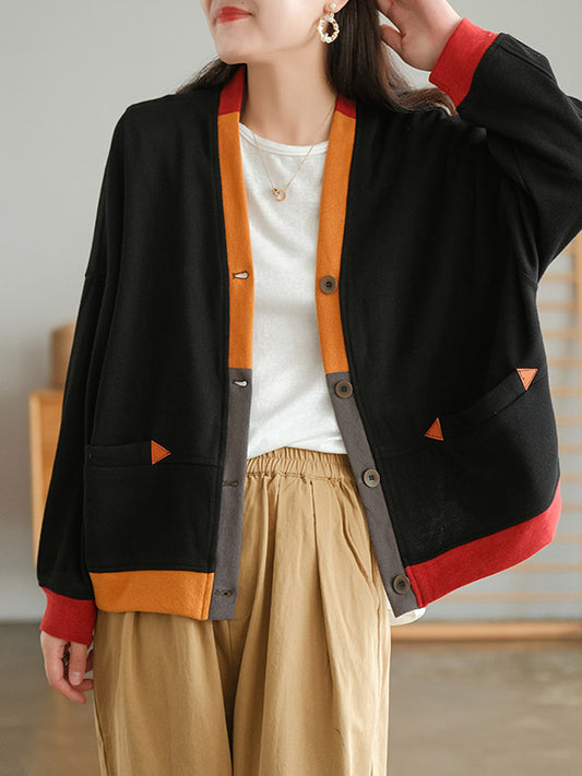 Vintage Contrast Color Long Sleeves Knitting Cardigans Outerwear