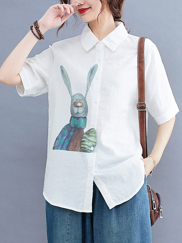Original Cartoon Printed Lapel Blouse