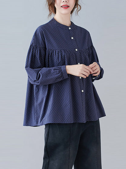 Casual Polka-Dot Buttoned Pleated Lapel Collar Long Sleeves Blouse