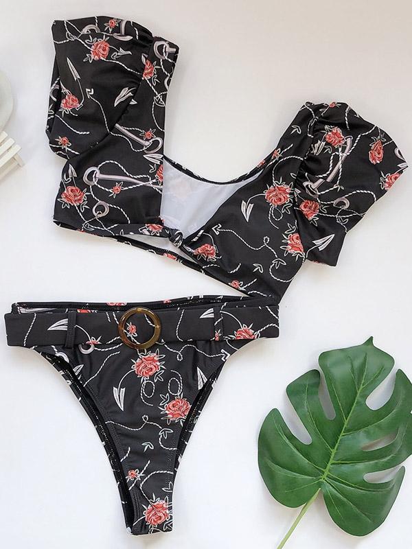 Sexy Knotted Short Sleeves Printing Sash Split Type Bikini Swimsuit