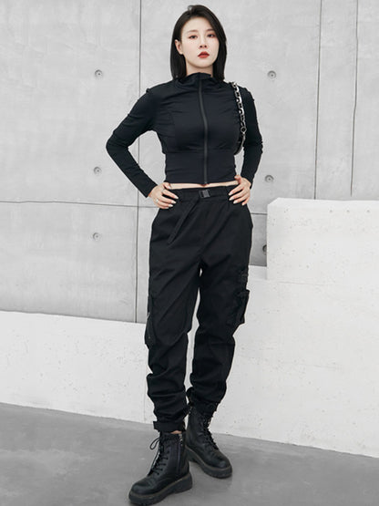 Sports Solid Color Zipper Stand Collar Long Sleeves Outwear