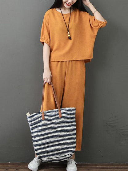 Solid  Short Sleeves Blouse + Wide Leg Pants Suit