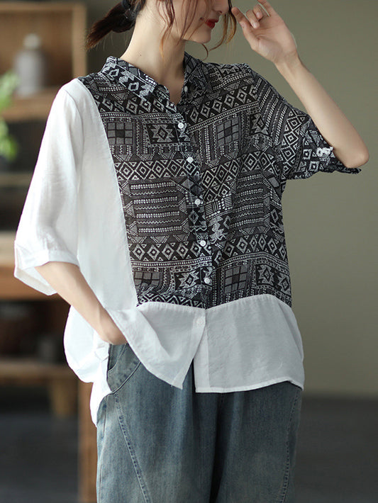 Original Printing Half Sleeve Lapel Blouse Tops