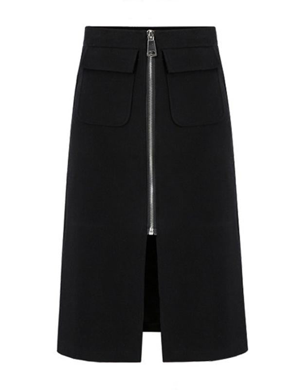 Solid Split-Front Zipper Skirts Bottoms