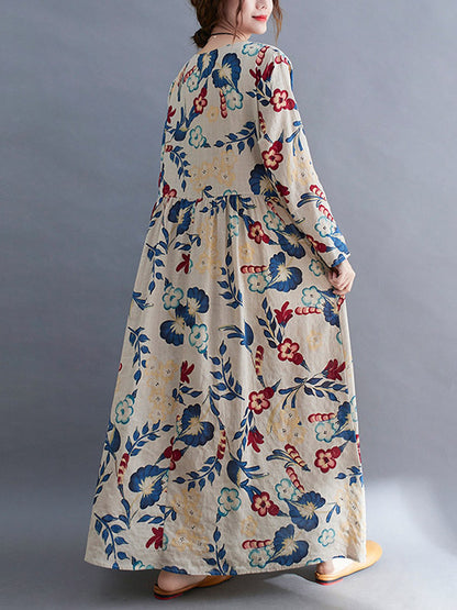 Casual Ramie Cotton Floral Printed Round-Neck Long Sleeves Over Size Maxi Dress